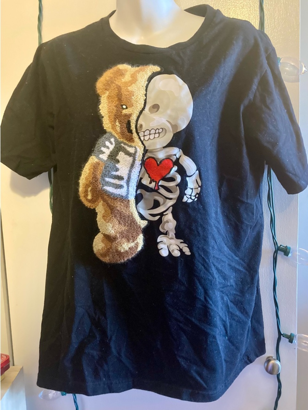Black Short-Sleeve Graphic Tee with Teddy & Skeleton Heart